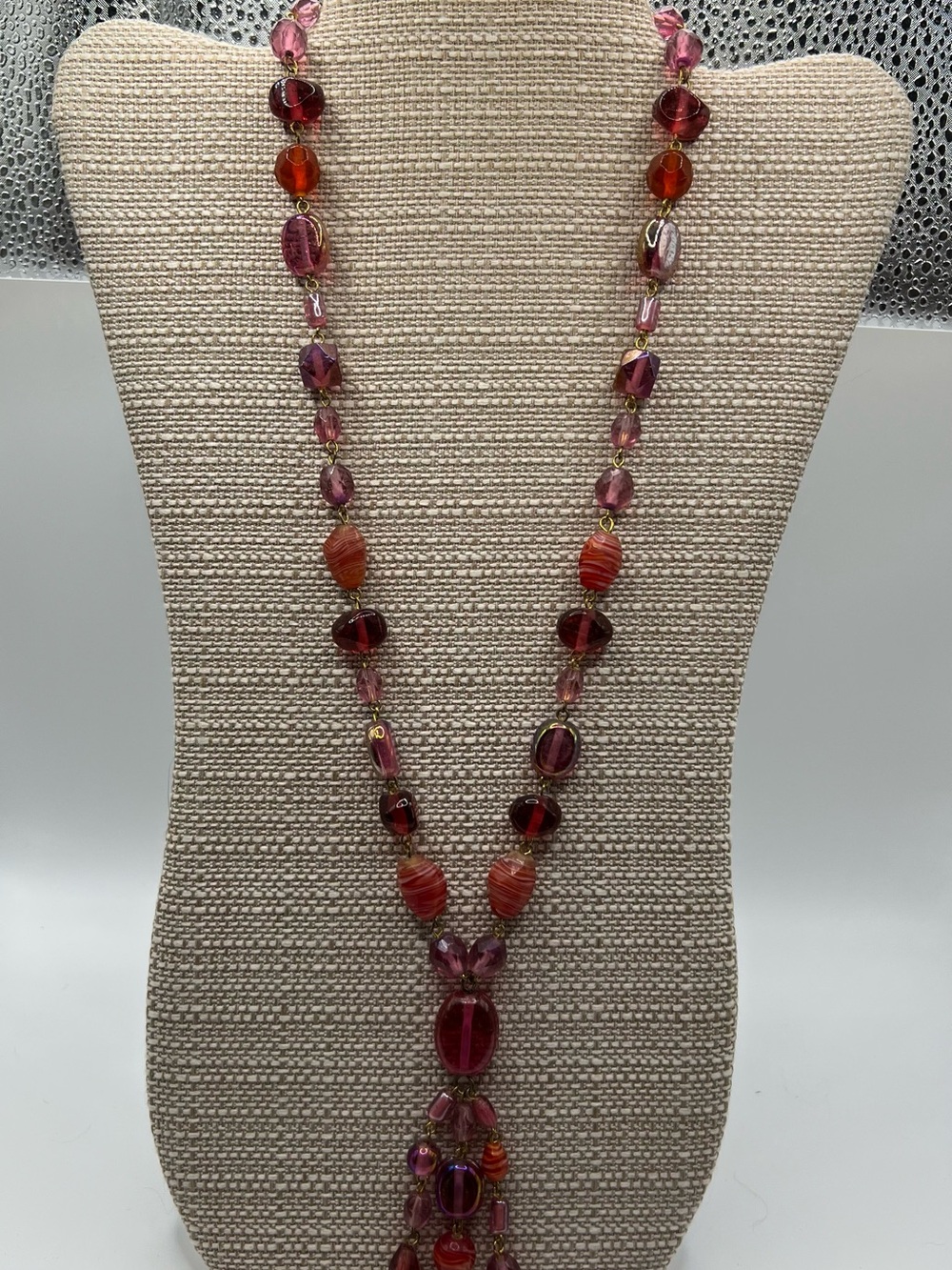 Chico’s Pink/ Red /Purple Glass Bead Long Necklace